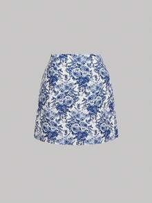SHEIN MOD Plus Size Women Asymmetric Hem Floral Print Skirt, Vacation Style - Blue and White - View 2