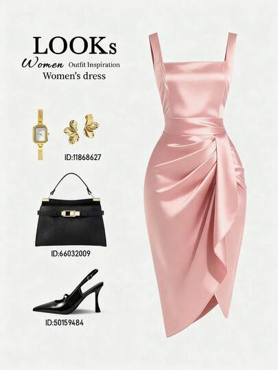 SHEIN Franclia Vinröd ärmlös klänning i satin för kvinnor, retro fyrkantig halsringning, midjebantning med tredimensionella veck, asymmetrisk fåll, exklusiv lyxig cocktail- och dejtklänning, kort slim-fit-klänning med draperande textur