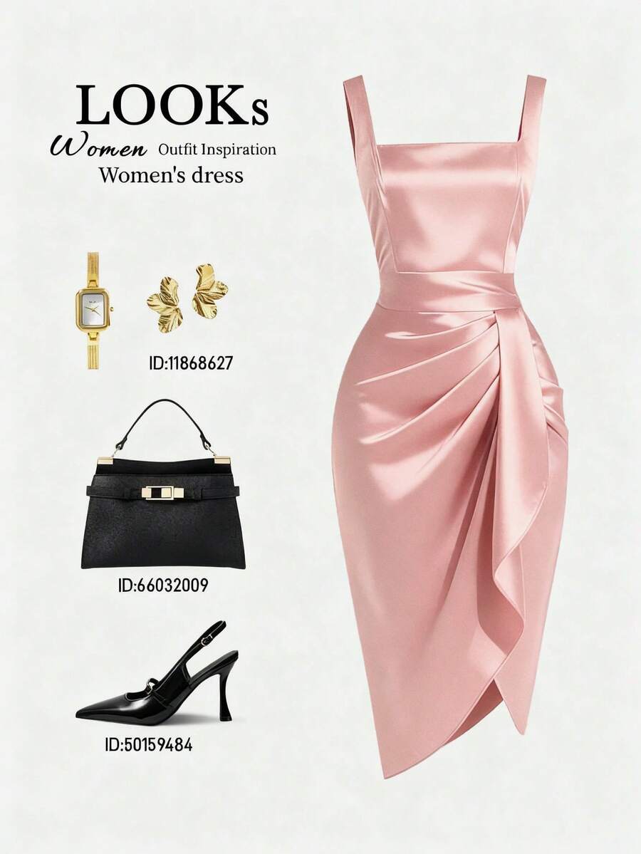 SHEIN Franclia Women's Wine Red Heavy Satin Sleeveless Dress, Retro Square Neck, Waist-Slimming With Three-Dimensional Pleats, Asymmetric Hem, High-End Luxury Cocktail & Date Dress, Slim-Fit Short Dress With Draping Texture - Pink - View 1