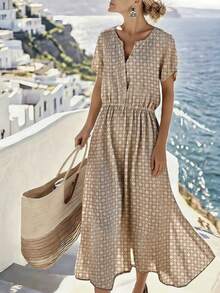 SHEIN Holidaya 女士休闲V领短袖连衣裙，适合度假休闲穿着，春夏款 - 杏色 - 查看 1