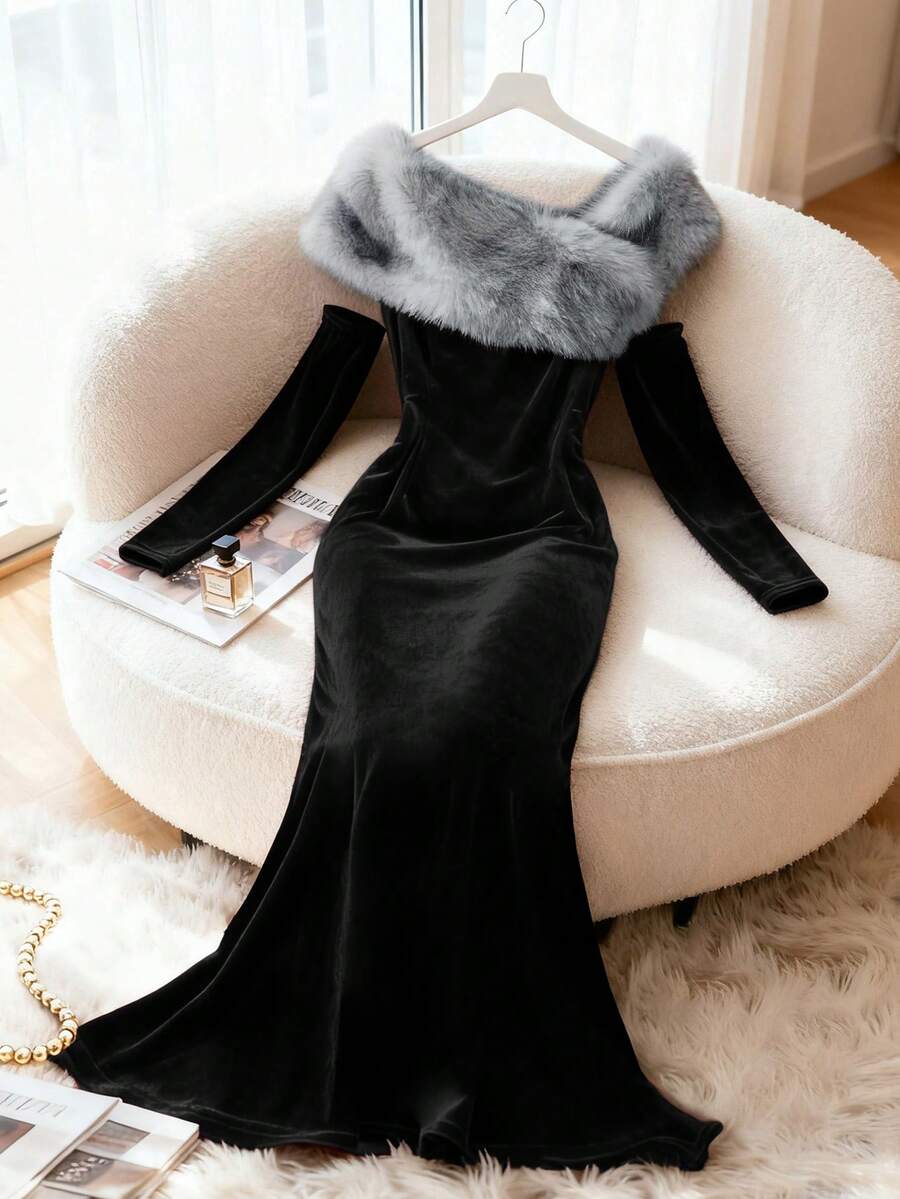 Franclia Women's Elegant Party Faux Fur Collar Fishtail Dress, Autumn/Winter - Black - View 1