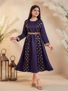 SHEIN Teen Girl Gold Polka Dot Round Neck Long Sleeve Casual Dress, Suitable For Daily Wear, Commute And School, Spring/Summer - Royal Blue - View 10