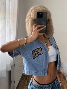 StreetHx Women's Retro Embroidered Baseball Jacket, Short Denim Jacket And Coat - Light Wash - View 4