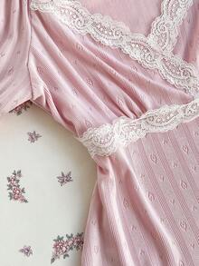 Elamini Women's Pink Square Neck Fitted Lace Short Sleeve Blouse, Sweet & Cute Y2K Fashion , Comfortable & Versatile, Collegiate Style, Spring/Summer Back To School Season - Pink - View 5