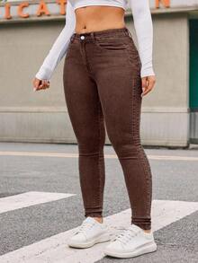 SHEIN ICON Damen Jeans in Große Größen mit Taschen, Skinny Fit, vielseitig einsetzbar - Kaffeebraun - Übersicht 5