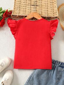 SHEIN Young Girls Knitted Pullover Top With Cute Puff Sleeves, T-Shirt With 3D Bow, Sweet & Casual, Fashionable, Versatile, Suitable For Party, Outing, Photoshoot With Sisters, Park, Camping, Vacation, Daily Casual Wear - Red - View 2