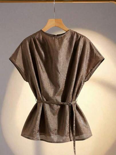 Modelyn Women's Solid Color Round Neck Batwing Short Sleeve Casual Fashion Shirt Brown Blouse Bronze Top Coffee Brown Top Metallic Top Belted Blouse