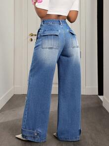 Slaydiva Women's Pocket Button Distressed Design Casual Versatile Commuting Flare Leg Jeans - Medium Wash - View 2