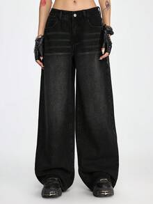 ROMWE Grunge Punk 女士休闲时尚街头十字翅膀印花低腰宽松阔腿牛仔裤 - 黑色 - 查看 3