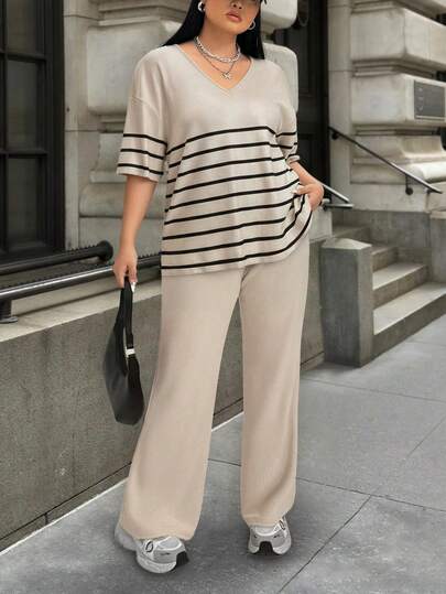 SHEIN Plus Size Women Striped Knit Casual Comfortable Short Sleeve Top And Pants 2 Pieces Set Two Piece Women Sets Pants Wide Leg Pants Set 2 Piece Casual Sets Woman Comfortable Two Piece Set Striped Set