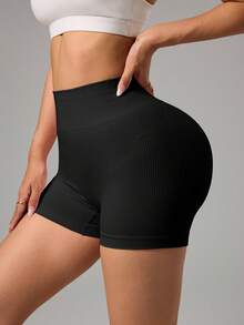 Easithlete Pantalones cortos de mujer de unicolor, cintura alta, casuales y de fitness - Negro - Ver 3