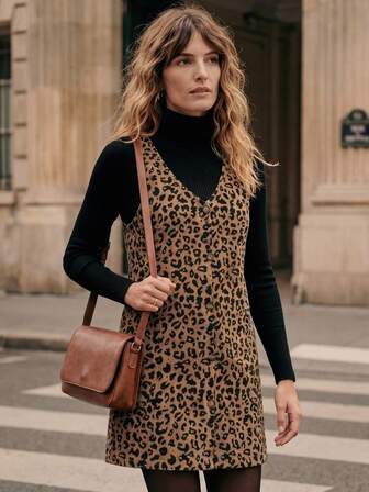 Écloséra New Retro Women's Dress, Leopard Print Women's Dress, V-Neck Sleeveless Dress, Slimming And Versatile Women's Dress, Women's Casual Dress, Cheetah Print Women's Dress