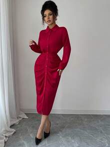 SHEIN Clasi Đầm sơ mi thường ngày tay dài xếp ly màu trơn cho nữ, mùa thu - Đỏ - Xem 8
