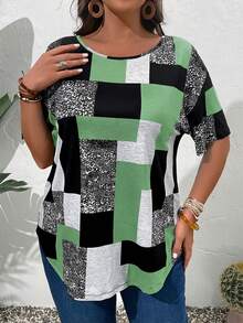 EMERY ROSE Camiseta casual versátil de manga corta con cuello redondo y estampado geométrico para mujer de talla grande - verde menta - Ver 3