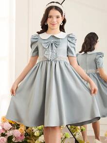 Vestido lindo con cuello Peter Pan, mangas cortas abullonadas y decoración de lazo para niña preadolescente con bloques de color - Verde - Ver 2