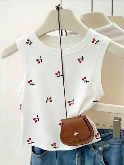 Resyla Summer New Women's Camisole, Suitable For Dating, Outdoor, Casual Wear, White, Cherry Fruit Print Pattern, Graphic Design, Vacation Style, Refreshing Summer Comfortable Camisole, Can Be Worn As Outerwear, Simple And Versatile
