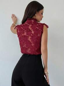 Firerie Áo kiểu nữ thanh lịch, tối giản, tinh tế, lãng mạn, thích hợp mặc đi làm hàng ngày, dự tiệc Valentine, đi nghỉ mát, nhiều lớp bèo nhún, cài nút, chất liệu vải có họa tiết, không tay, dáng rộng, mỏng nhẹ, màu mơ. - Màu Đỏ Sâu - Xem 8