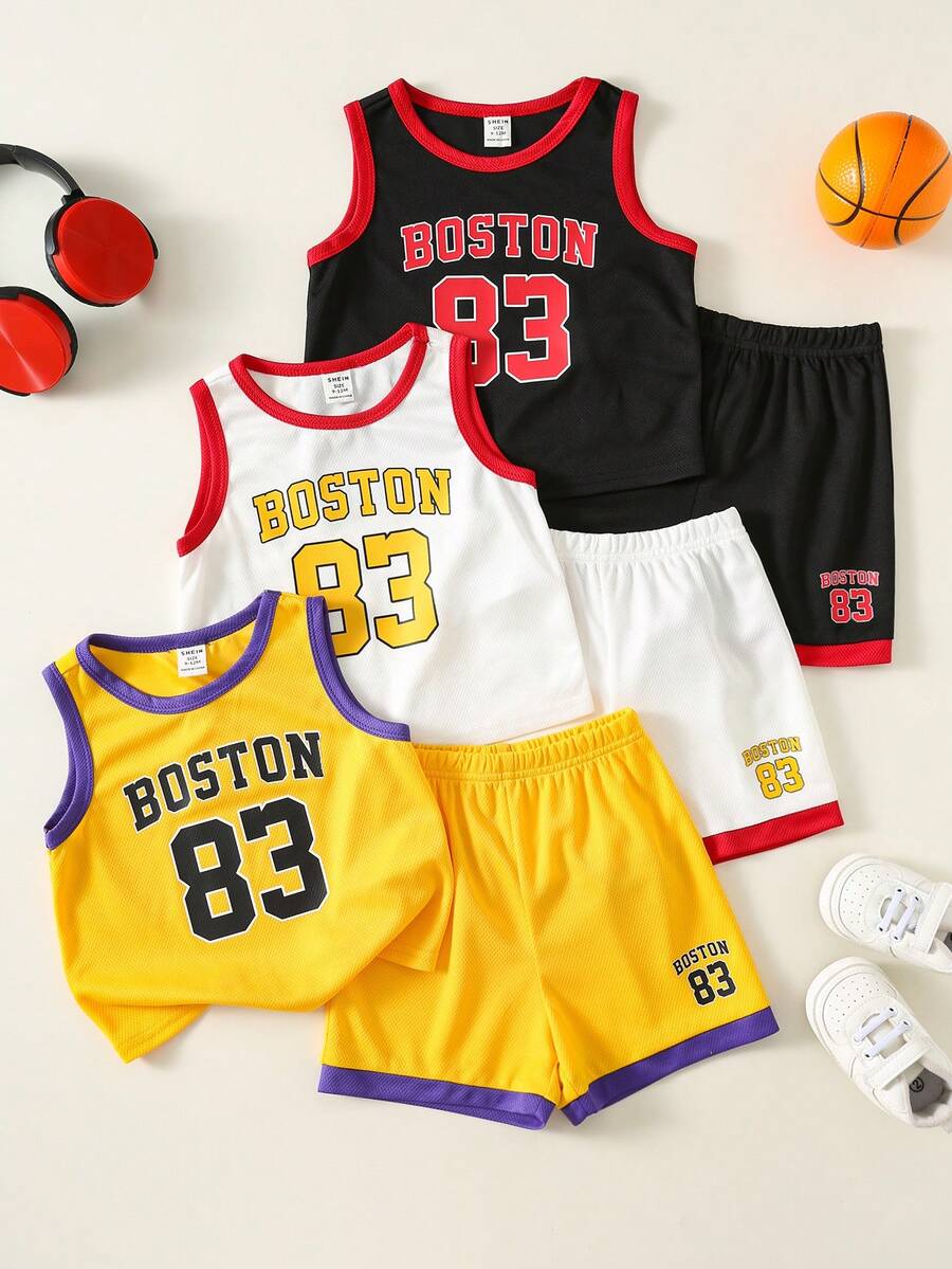 SHEIN 6pcs/Set Baby Boy Sports Style Cute Summer Letter Print Contrast Color Tank Top&Elastic Waist Shorts Multi-Color Outfit,Basketball Jersey,Set - Multicolor - View 1