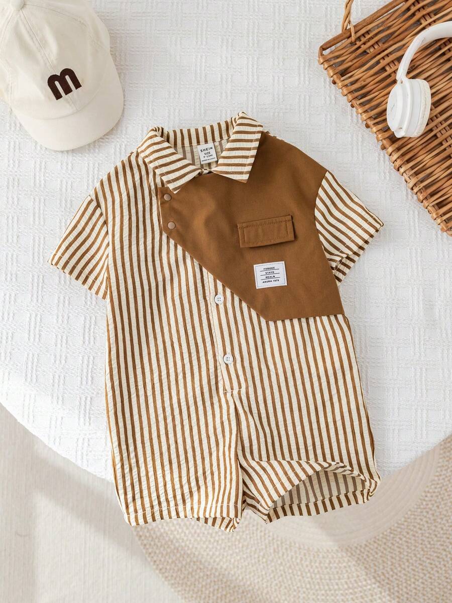 SHEIN Newborn Baby Boy Brown And White Polka Dot,Summer,Casual,Cute,Family Matching Color Block Lapel Romper,Collegiate Style Birthday Party Wedding Outfit - Multicolor - View 1