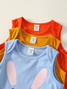SHEIN 3pcs Newborn Unisex Baby Clothes,Cute Summer Knitted Cartoon Animal Rabbit Fox Pattern Sleeveless Romper,Multi-Color - Multicolor - View 10