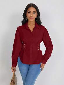 SHEIN LUNE Women Solid Color Long Sleeve Fitted Shirt, Minimalist Style, Suitable For Commuting, Autumn - Red - View 7