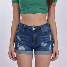 Shorts de Mezclilla Con Desgarre Para Mujer - Azul lavado oscuro - Ver 2