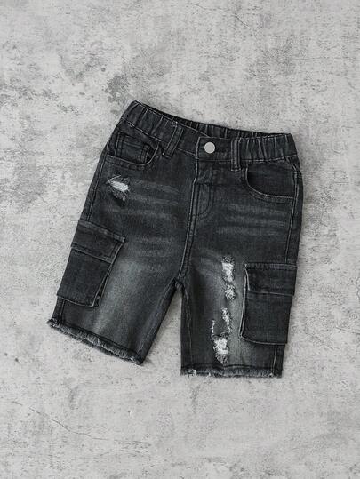 Young Boy New Fashion Distressed Ripped Frayed Black Denim Elastic Skinny Jeans Shorts With Cargo Pocket Spring Summer,For Kids Boys Spring/Summer Dailywear Outfits,Boys Streetwear Outfits,Boys Beach Outfit,Vacation Outfits For Boys,Casual Clothes For Boys,Graphic Jeans,Toddler Shorts ,4-Year-Old Boys Shorts ,Summer Shorts ,Casual Shorts ,Black Short