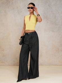 COSMINA Women's Solid Color Notched Neck Fitted Elegant Tank Top - Light Yellow - View 4