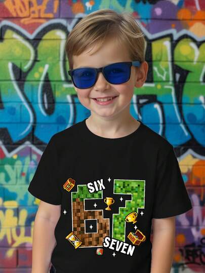 Boys' Casual, Fashionable Classic, Cool Style, Vintage American, Sporty, Number "67" Print, 6&7, Short Sleeve Round Neck T-Shirt, Suitable For Spring/Summer, Autumn/Winter