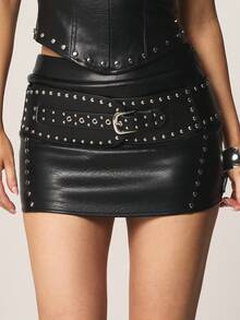 Missguided x Playboy 前卫铆钉仿皮迷你裙，搭配金属腰带，修身包臀，秋冬哥特风 - 黑色 - 查看 1
