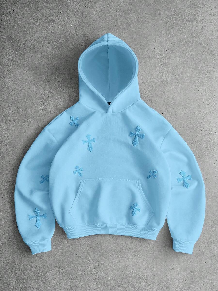 PAVTROS Manfinity Streetrush 男士保暖连帽衫，街头风流行款，INS 同款交叉植绒连帽衫，适合户外音乐节、夜店、酒吧等场合，可作为男友/老公礼物、周年纪念礼物，街头服饰，保暖，圣诞节、秋季皆宜，长袖上衣 - 藍色 - 查看 1