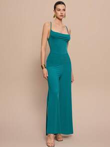 Leighera Bộ jumpsuit nữ màu trơn hở lưng, thiết kế buộc dây, xẻ tà, kiểu dáng thời trang. - Màu xanh ngọc - Xem 6