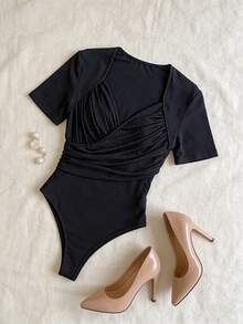 Elenzga Áo liền thân nữ thanh lịch, gợi cảm cổ chữ V, tay ngắn, thích hợp cho các bữa tiệc. - màu đen - Xem 6