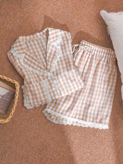 CosyJoli 大码女式休闲两件套，格子图案，长袖上衣和短裤套装，杏色