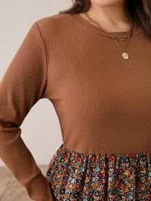 SHEIN Essnce Women's Plus-Size Brown Polka Autumn Boho Vacation Maxi Dress,Long Sleeve Floral Waist Dress With Pockets,Casual Spring Country Style - Brown - View 4