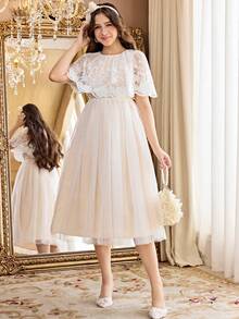 SHEIN 少女蕾丝网纱束腰派对鸡尾酒公主裙 - 白色 - 查看 3