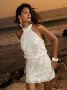 Nevyona 女士高领露背荷叶边亮片紧身迷你连衣裙 - 杏色 - 查看 7