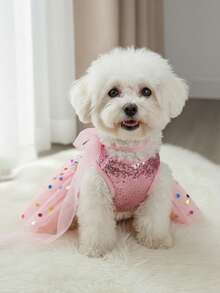 PETSIN Váy công chúa sequin hồng, trang phục thú cưng bằng vải tuyn chấm bi nhiều màu - Hồng - Xem 3