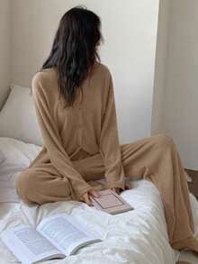 DAZY 2pcs Women Casual Striped Textured Fleece Cardigan And Pants Pajama Set, Suitable For Spring - Camel - View 3