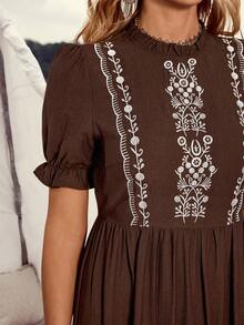 LanaWest Women's Brown Floral Summer Boho Vacation Holiday Dress,Frill Collar Long Sleeve High Waist Embroidered Wavy Hem A-Line Maxi Vintage Western Dress - Brown - View 2