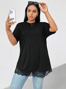 Shapeblank 大码女装春夏时尚休闲宽松舒适日常百搭显瘦黑色蕾丝边短袖长款T恤，外出上衣，简约风格 - 黑色 - 查看 2