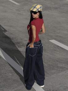 Rina Fox 2026 Women's American Shoulder Short Sleeve Sexy Slim Fit V-Neck Letter Print T-Shirt - Red - View 2