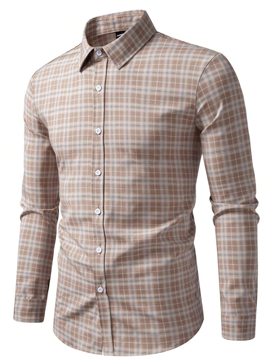 Manfinity Mode 男士休闲格子长袖衬衫，春秋季男士休闲衬衫，男士纽扣衬衫，男士纽扣衬衫设计，棕白衬衫 - 卡其色 - 查看 1