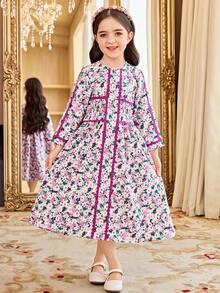 Young Girl Floral Print Round Neck Shirred Long Sleeve Dress - Multicolor - View 3