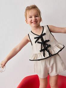 Maija Kids 少女休闲简约舒适圆领无袖撞色蝴蝶结荷叶边下摆上衣和短裤套装 - 卡其色 - 查看 7