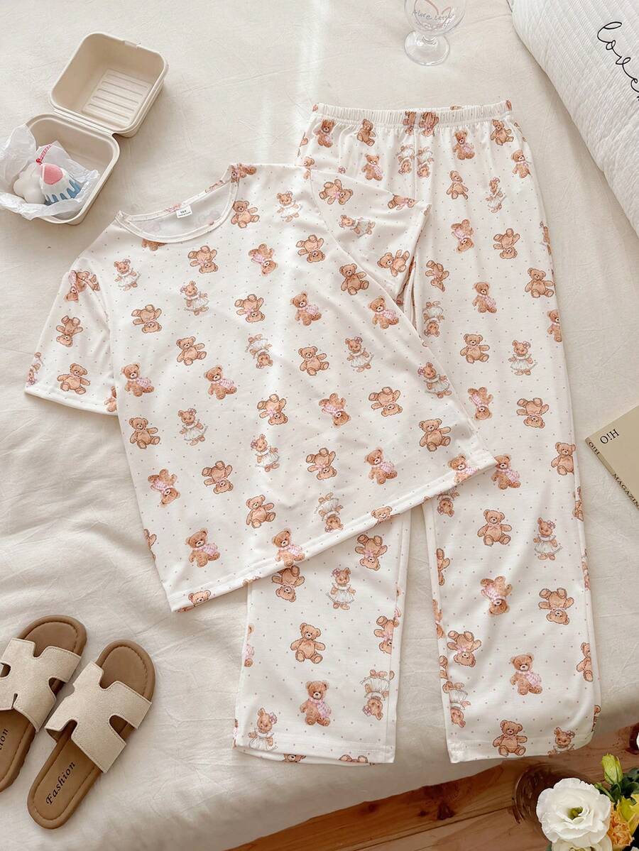 Vintaside Kids Bộ đồ thể thao mùa xuân hè cho bé gái gồm áo thun cổ tròn tay ngắn in hình gấu bông dễ thương, phối cùng quần in hình gấu bông dễ thương, thích hợp mặc ở nhà, đi mua sắm hàng ngày. - Màu be - Xem 1