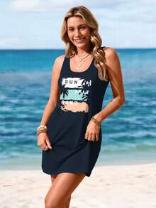 Sylviya 太阳图案印花圆领无袖沙滩裙，夏季 - 藏蓝色 - 查看 3