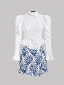 SHEIN MOD Plus Size Women Asymmetric Hem Floral Print Skirt, Vacation Style - Blue and White - View 7