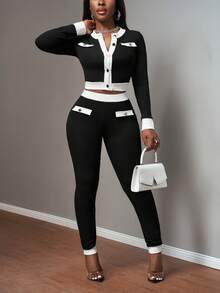 Slaydiva 2025秋冬季新年、情人节、派对、宴会、约会、生日派对、学院风、学生装、日常出行、百搭基础款、休闲、邮轮旅行、爆款、优雅、通勤、商务休闲、极简圆领长袖开衫外套搭配修身裤，黑白撞色设计，金属纽扣装饰，女士两件套 - 黑與白 - 查看 1