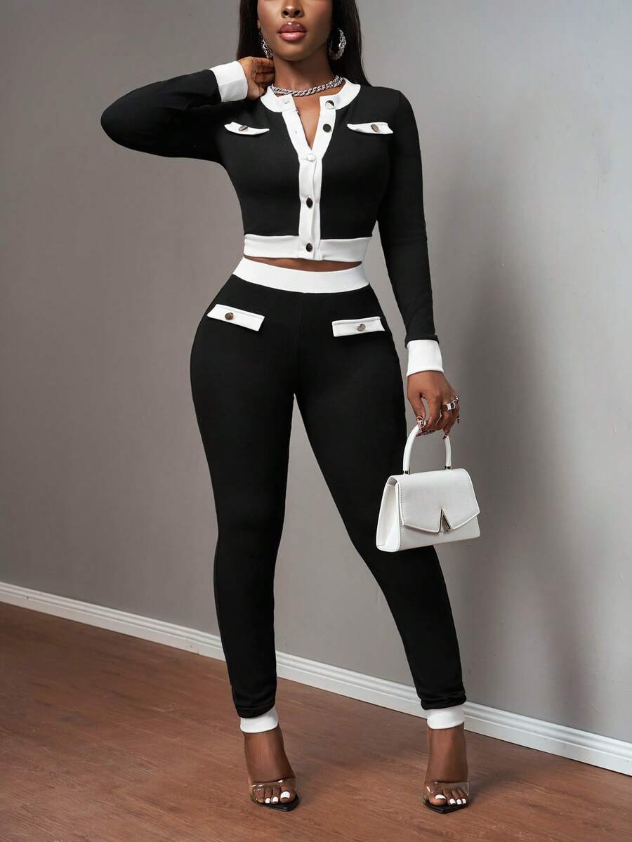 Slaydiva 2025秋冬季新年、情人节、派对、宴会、约会、生日派对、学院风、学生装、日常出行、百搭基础款、休闲、邮轮旅行、爆款、优雅、通勤、商务休闲、极简圆领长袖开衫外套搭配修身裤，黑白撞色设计，金属纽扣装饰，女士两件套 - 黑與白 - 查看 1